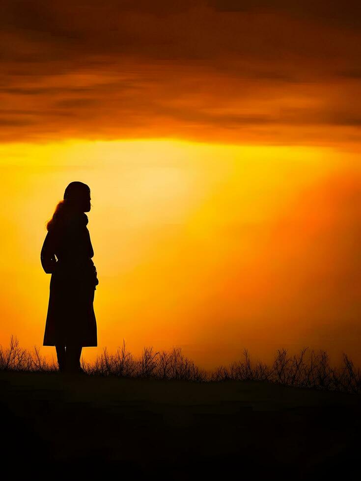 Silhouette of a lonely woman stands alone photo