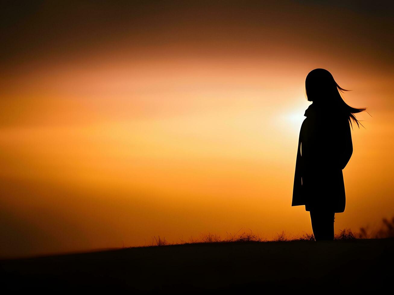 Silhouette of a lonely woman stands alone photo