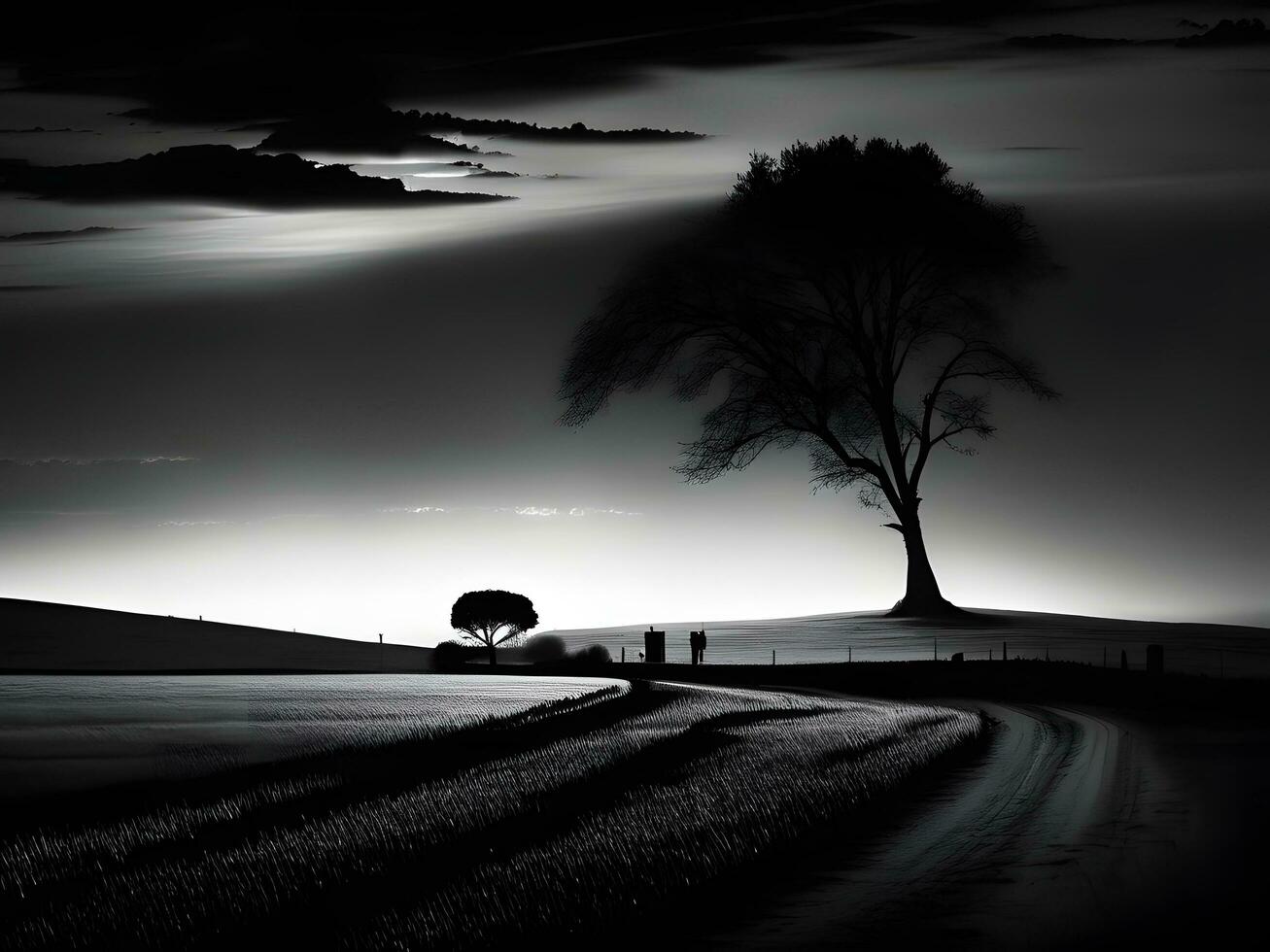 negro y blanco foto de un solitario árbol en el medio de un campo