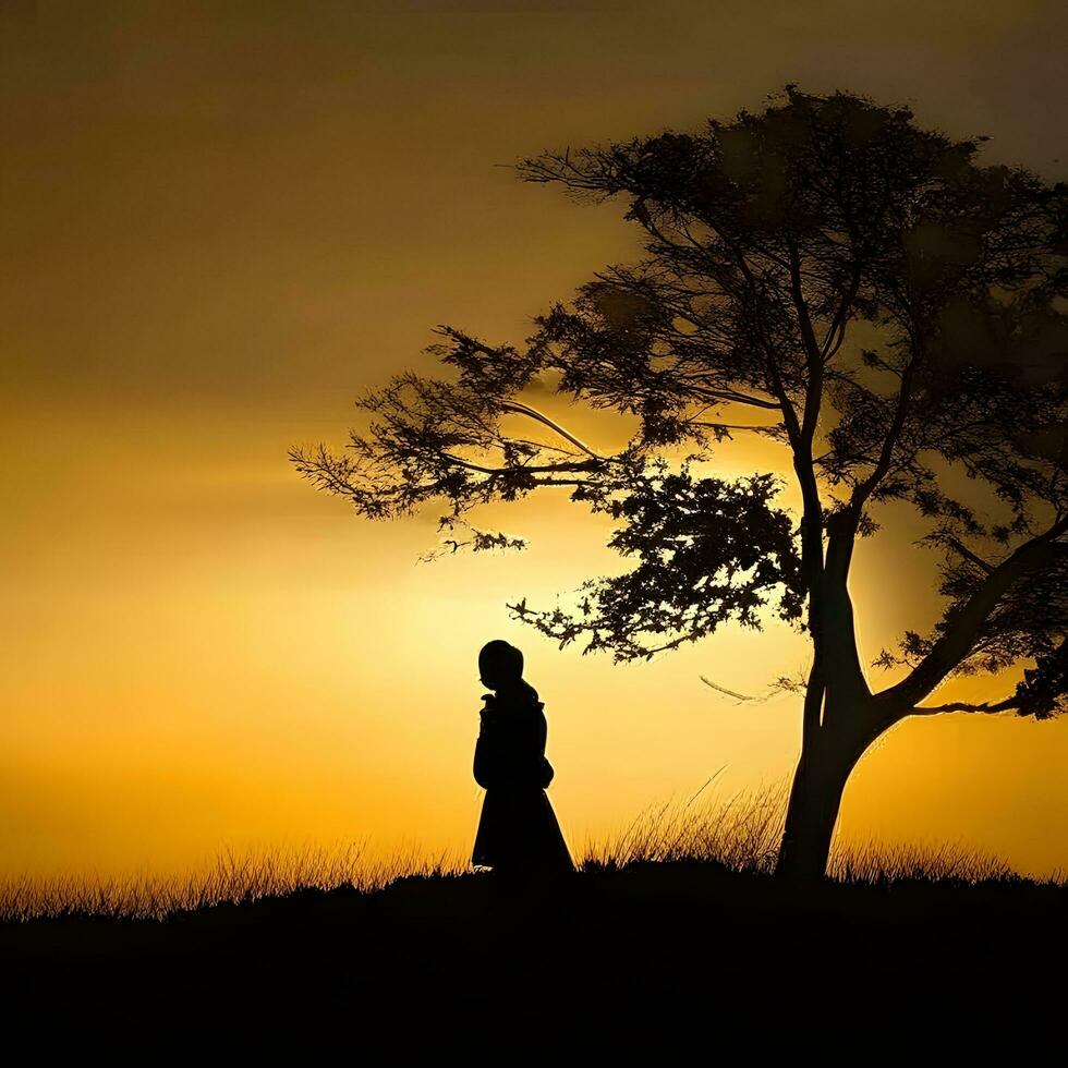 Silhouette of a lonely woman stands alone photo