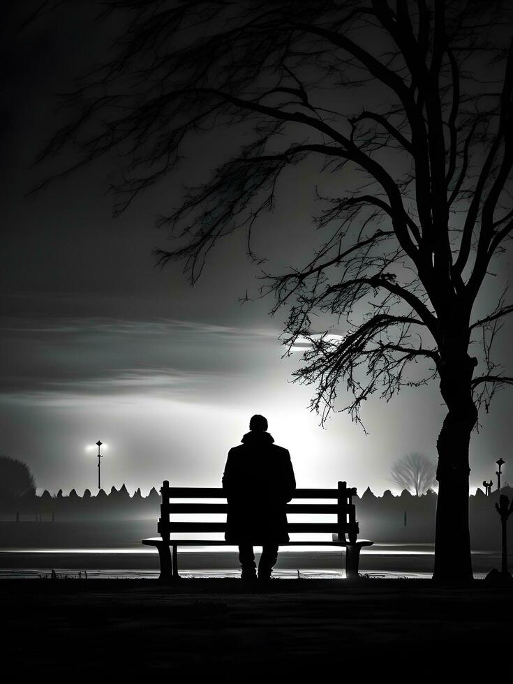 a man sits on a bench in the dark photo