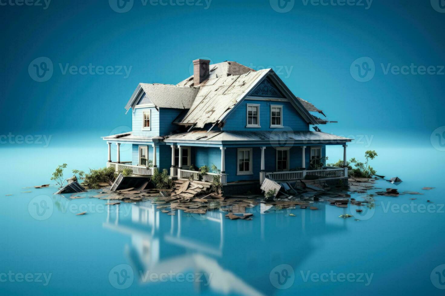 Flood damaged suburban house isolated on a gradient blue background photo