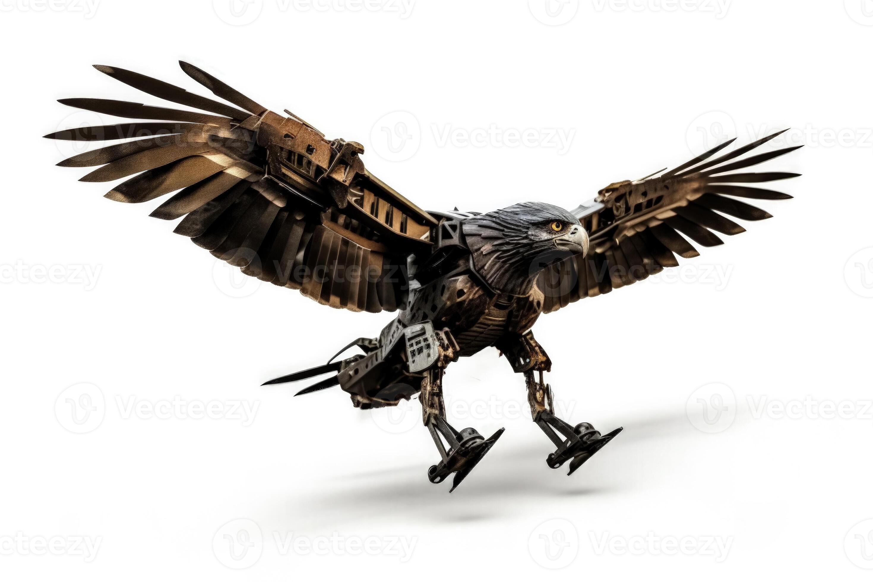 Mechanical eagle drone soaring in the sky isolated on a white