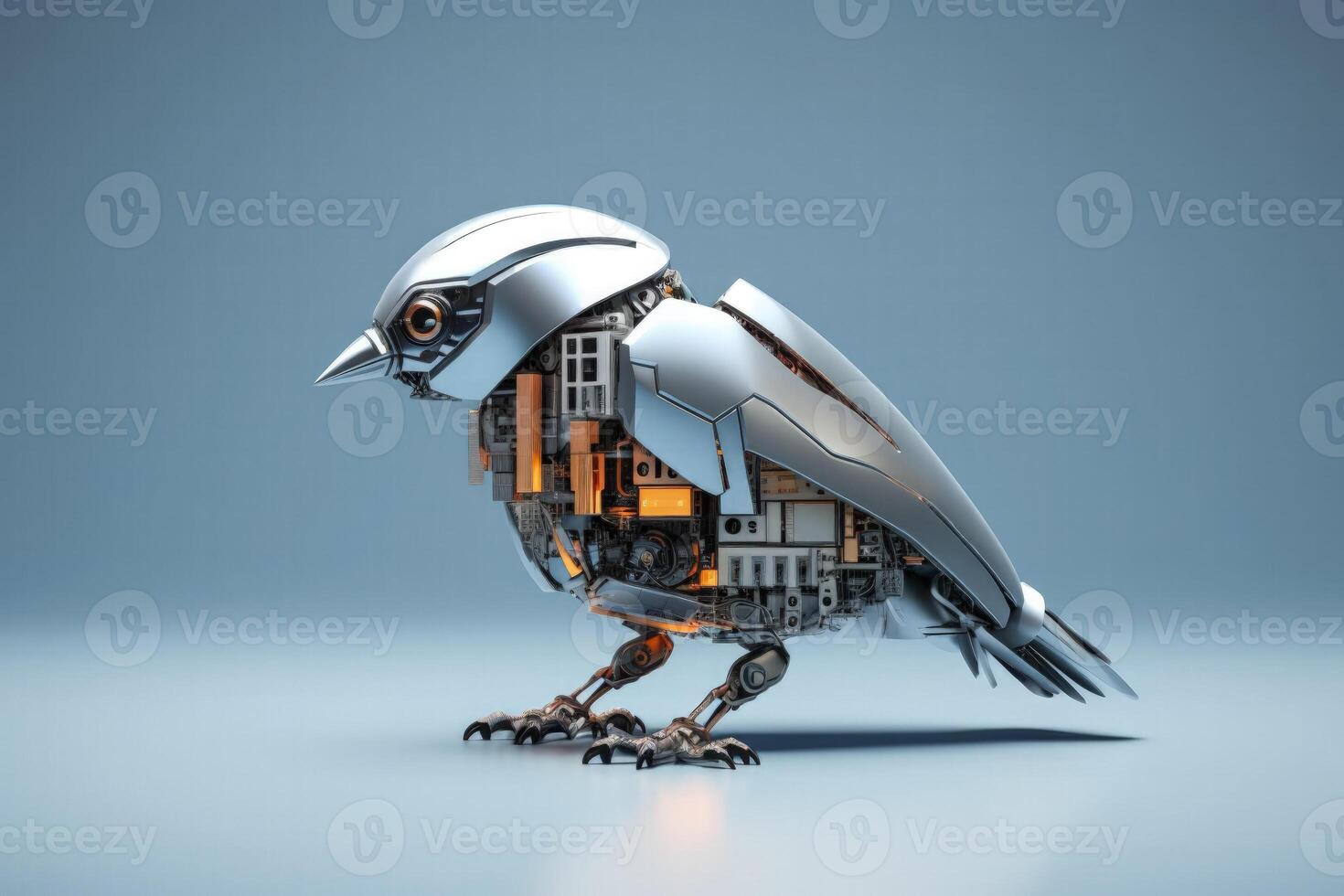 Robotic sparrow among city skyscrapers isolated on a grey gradient background photo