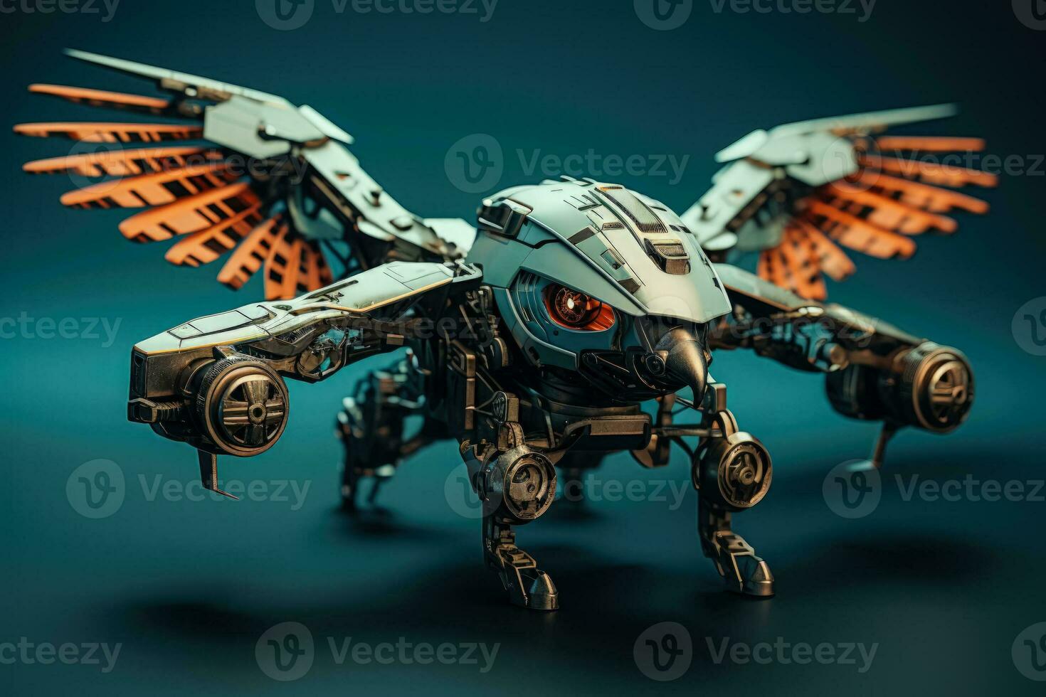 Mechanical eagle drones soaring in blue sky isolated on a gradient background photo