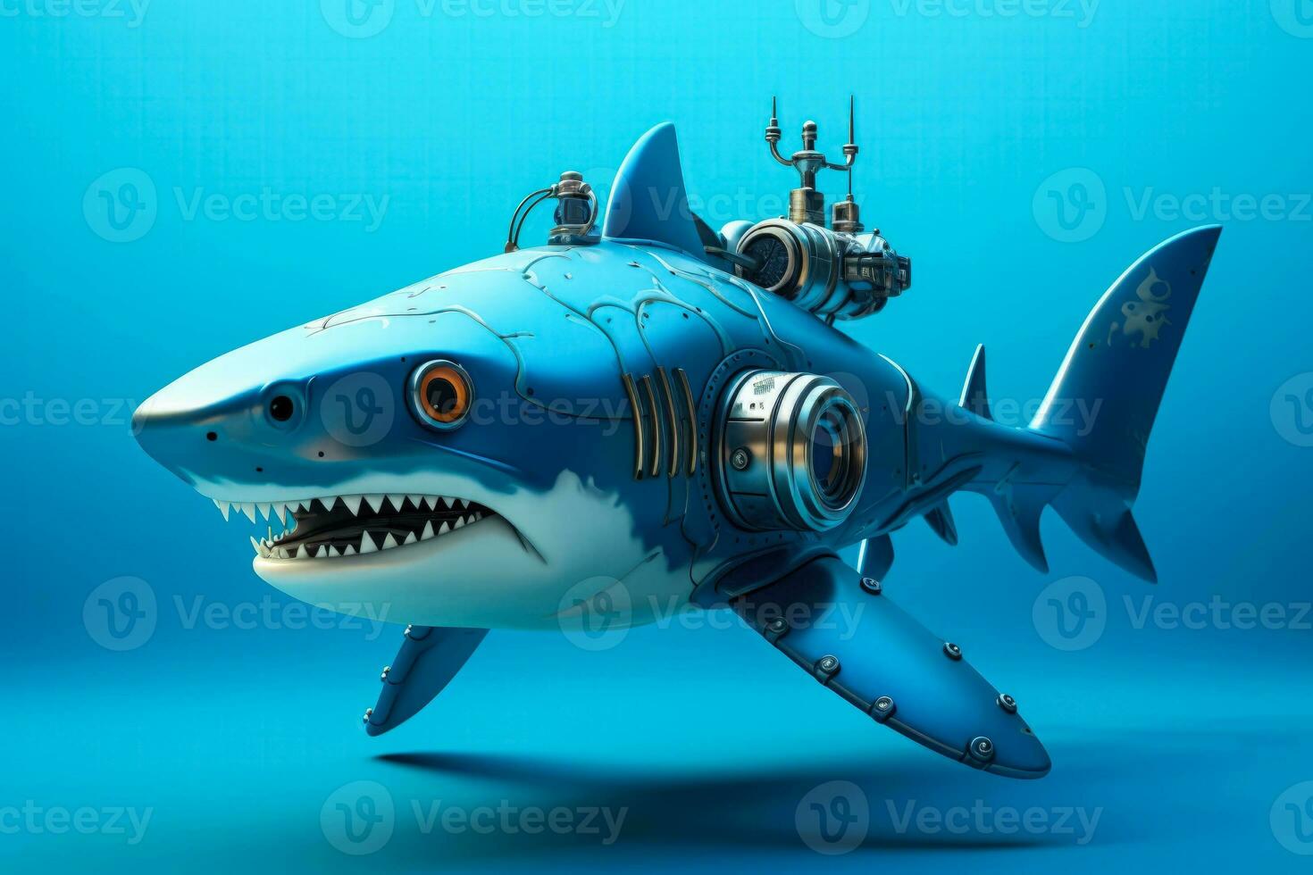 Robot shark exploring underwater depths isolated on a blue gradient background photo