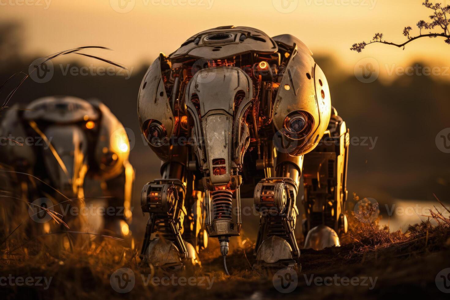 Robotic elephant units surveying savannah ecosystem isolated on a sunset gradient background photo