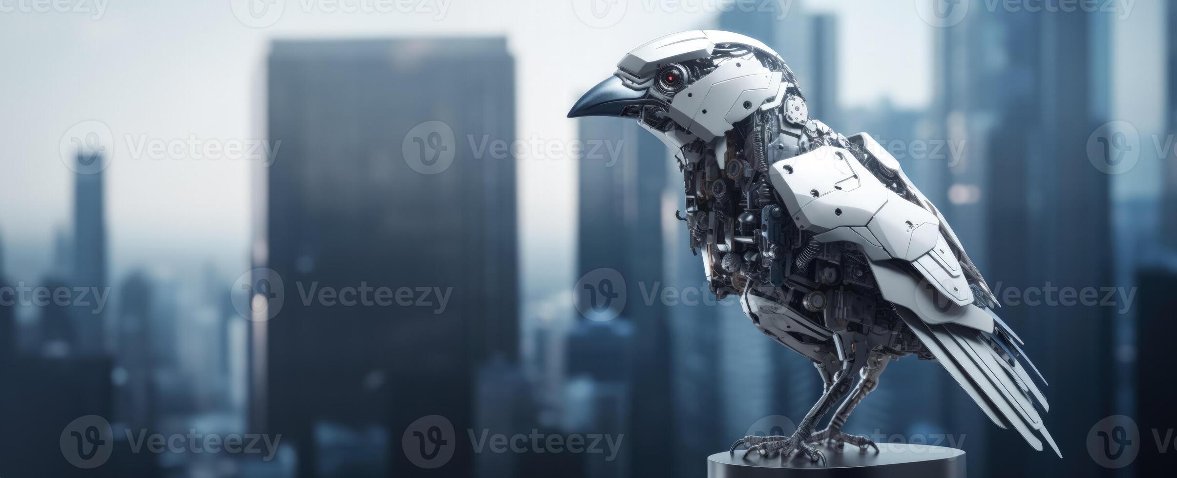 Robotic sparrow among city skyscrapers isolated on a grey gradient background photo