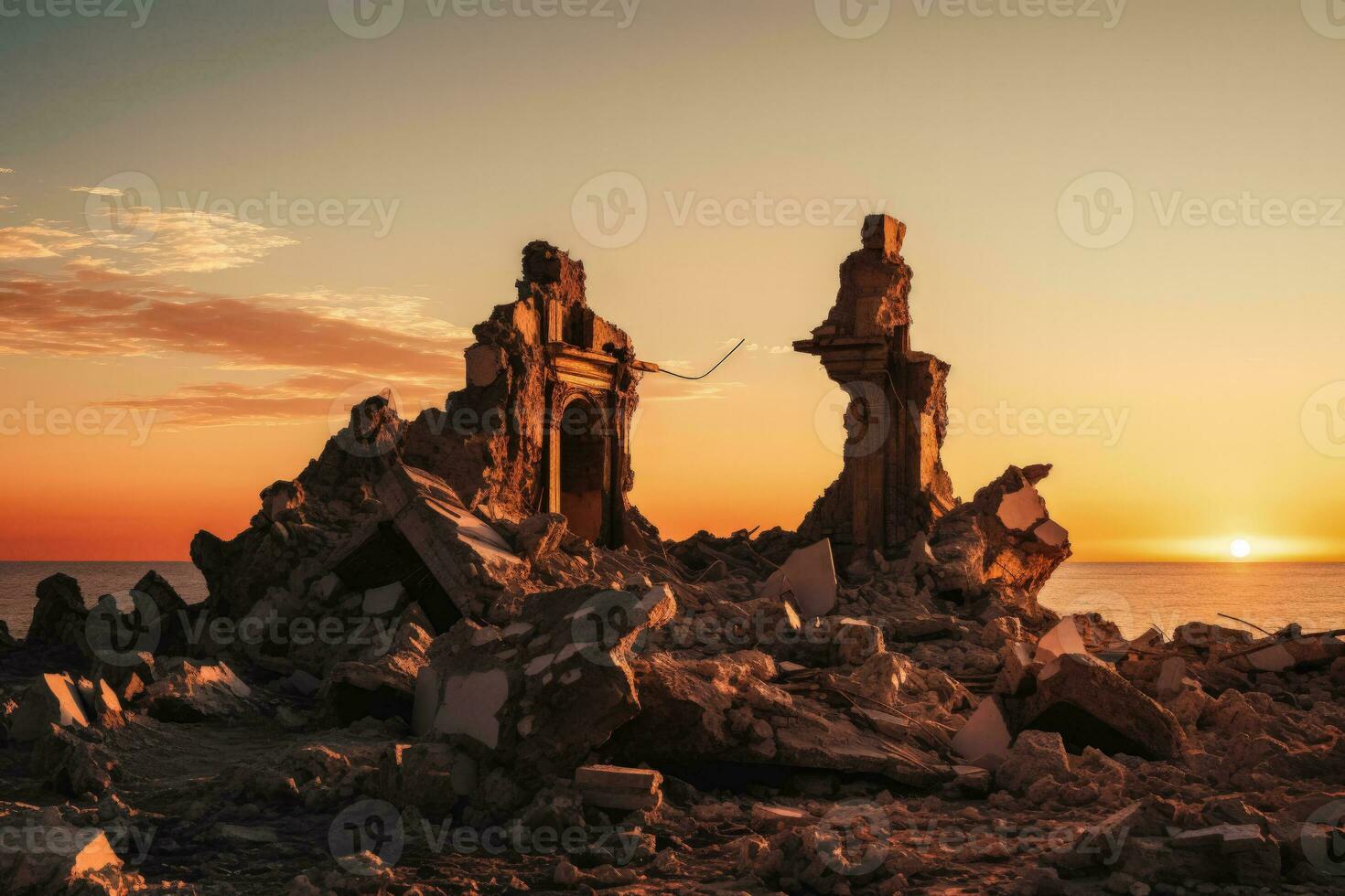 Remnants of a historical castle post demolition isolated on a gradient sunset background photo