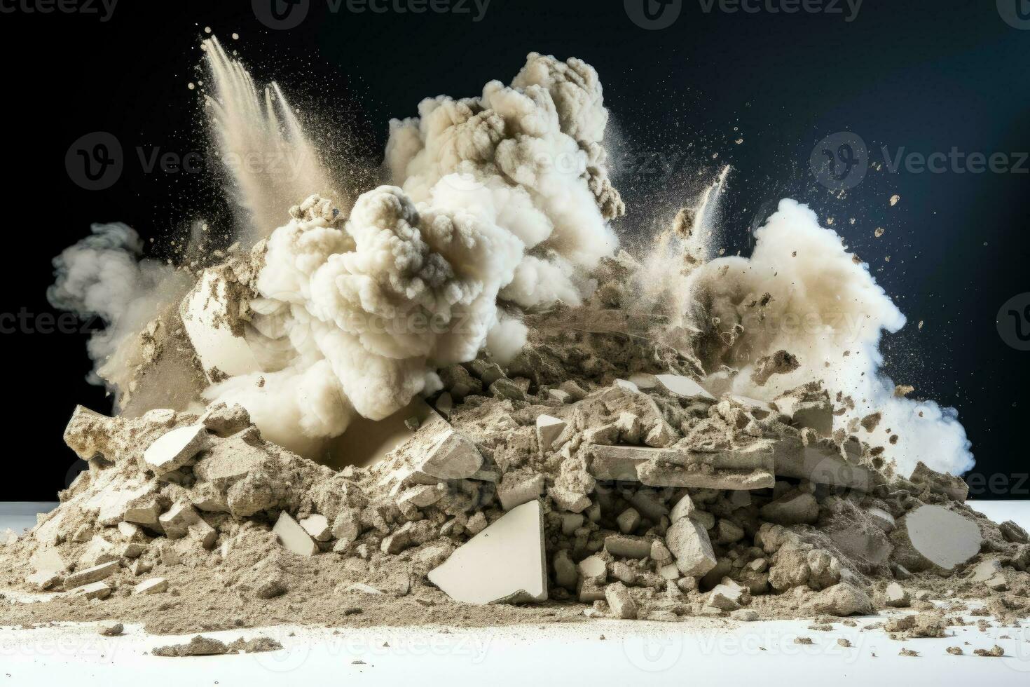 Crumbled debris from high rise implosion aftermath isolated on a white background photo