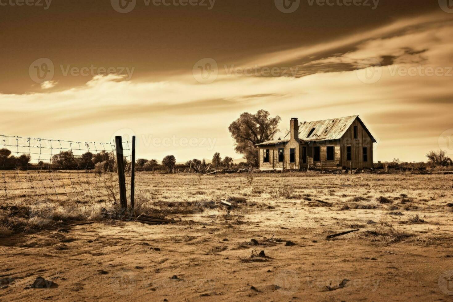 Remains of an abandoned colonial era homestead isolated on a gradient sepia background photo