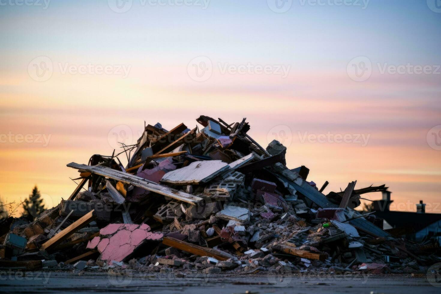 Demolished old schoolhouse debris isolated on a gradient evening sky background photo