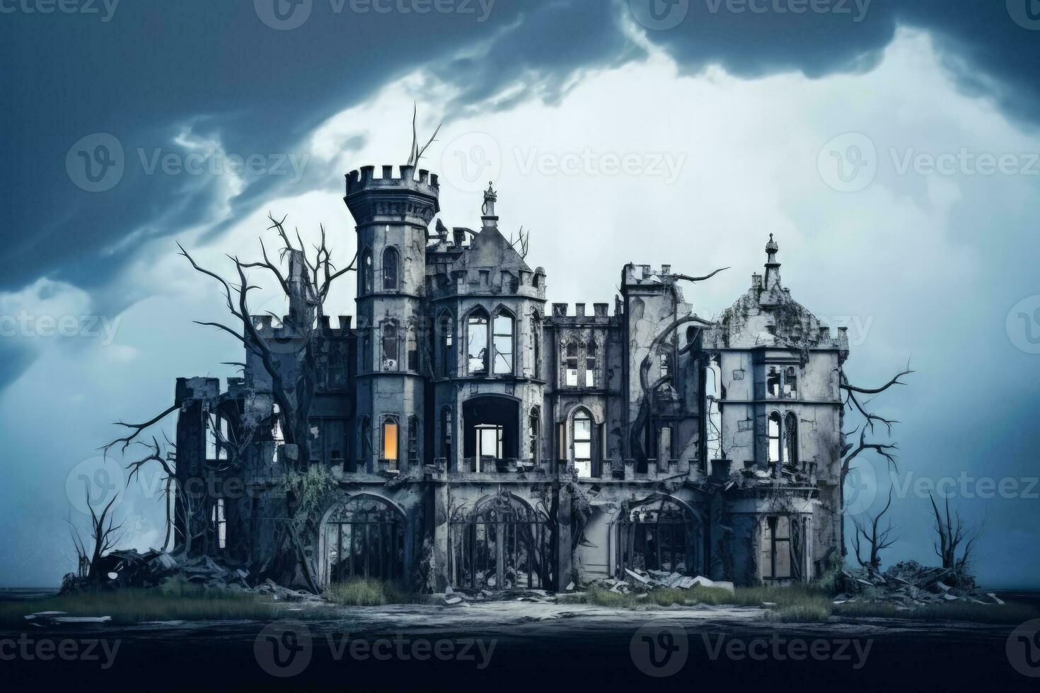 Ancient manor undergoing structural decay isolated on a gradient gloomy background photo