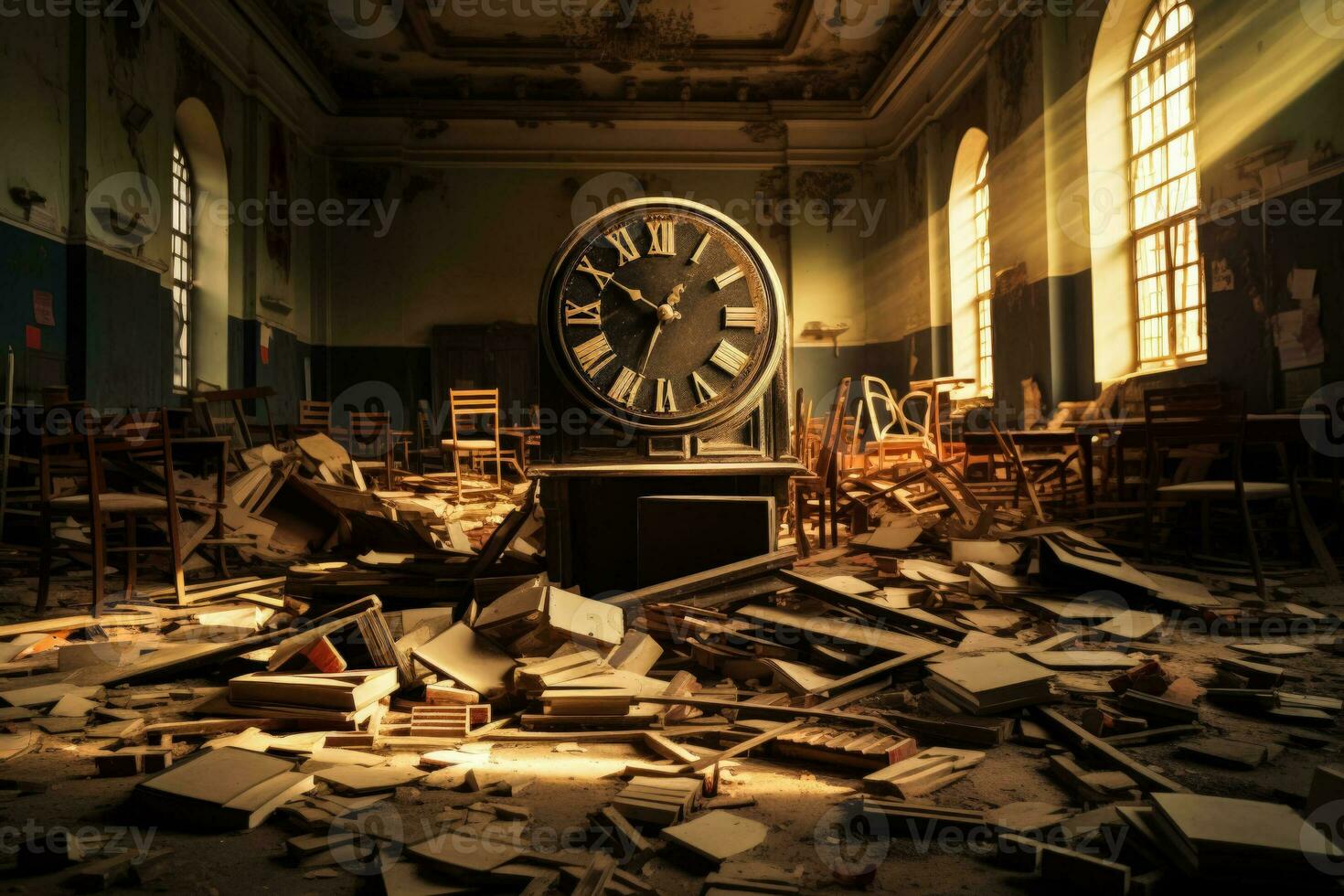 Disassembled remnants of an old school symbolizing the passage of time photo