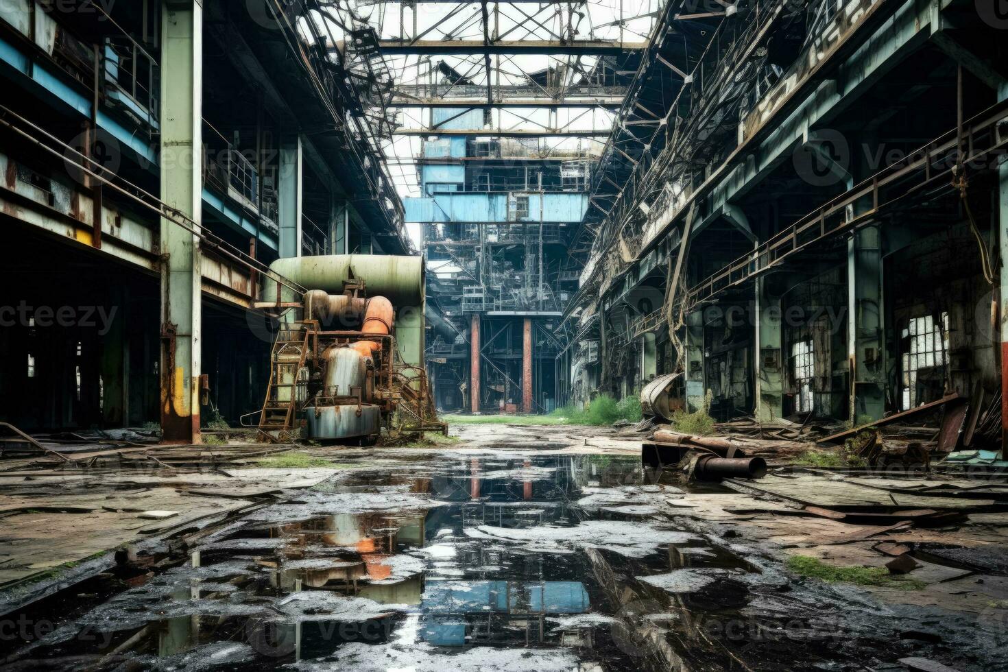 Abandoned industrial factory deteriorating under the relentless march of time photo