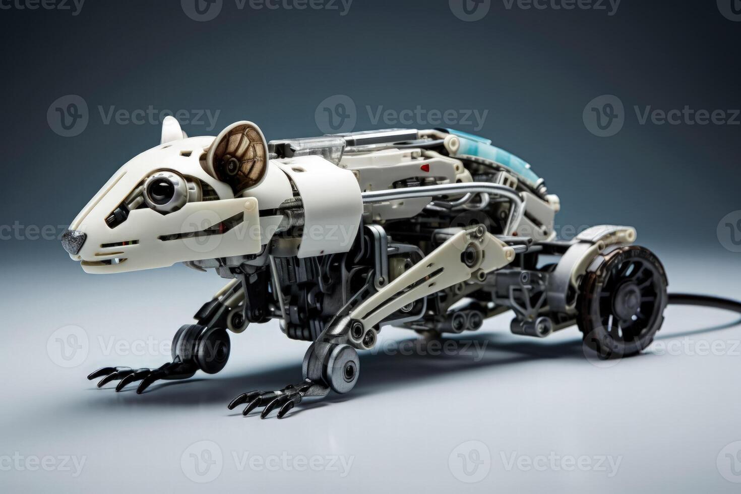 Robotic rat models for urban pest control isolated on a grey gradient background photo