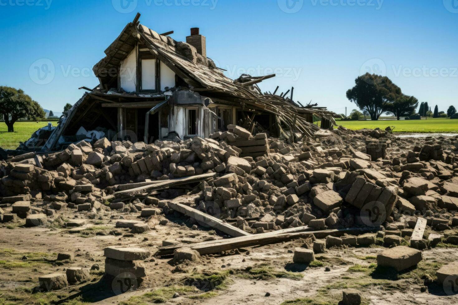 Old farmhouse structure aftermath revealing harsh realities of demolition consequences photo