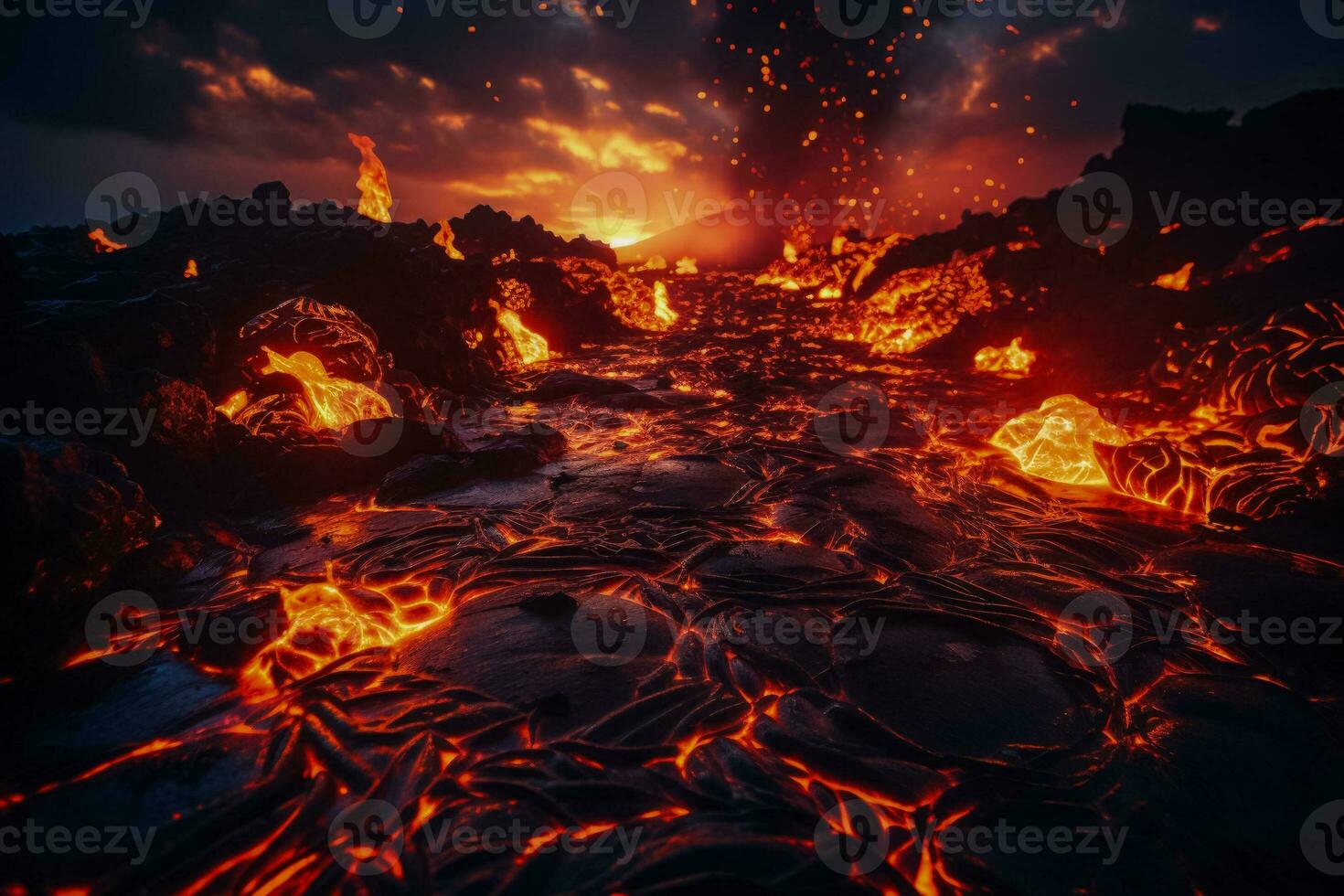 Lava flows ignite night sky in fierce apocalyptic volcanic landscape photo