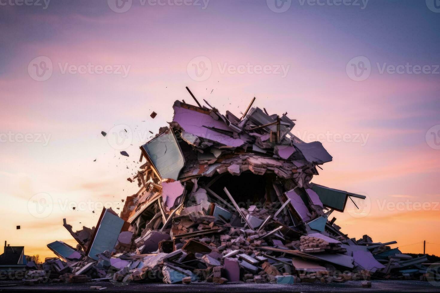 Demolished old schoolhouse debris isolated on a gradient evening sky background photo