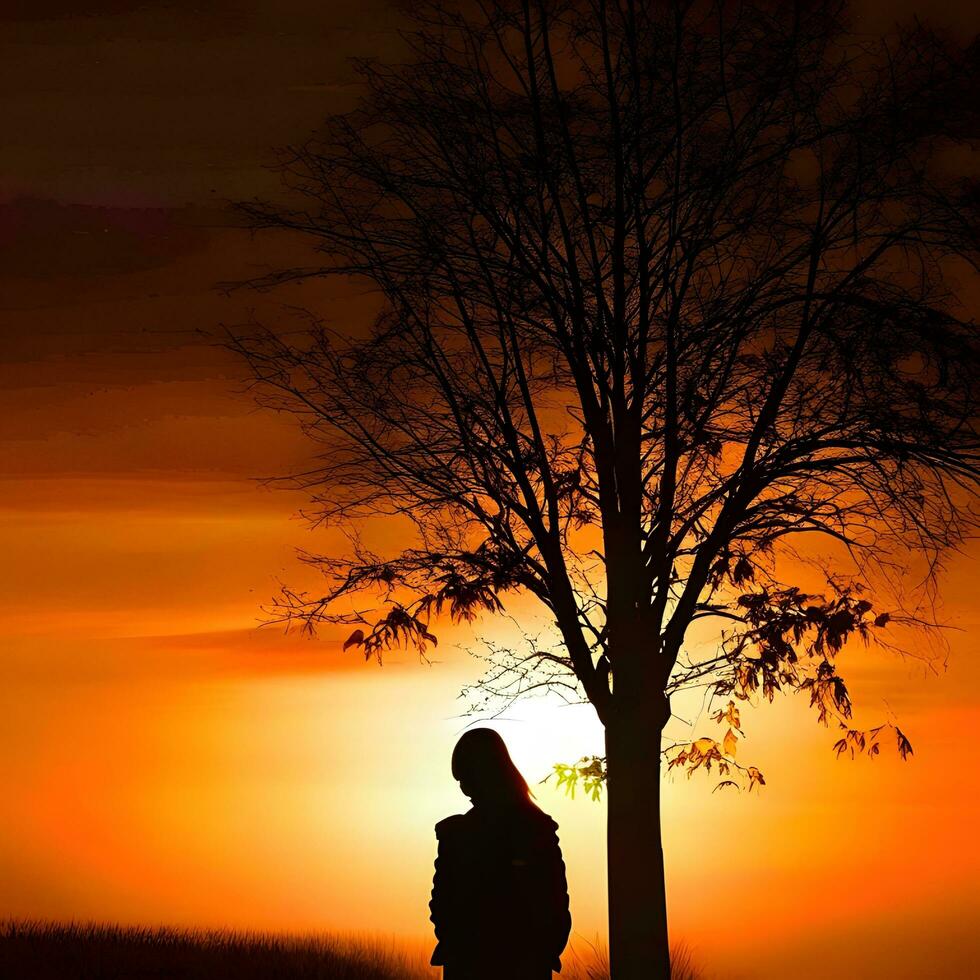 Silhouette of a lonely woman stands alone photo