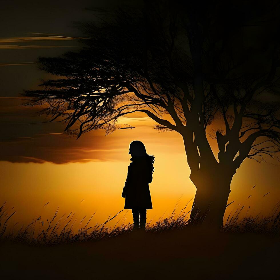 Silhouette of a lonely woman stands alone photo