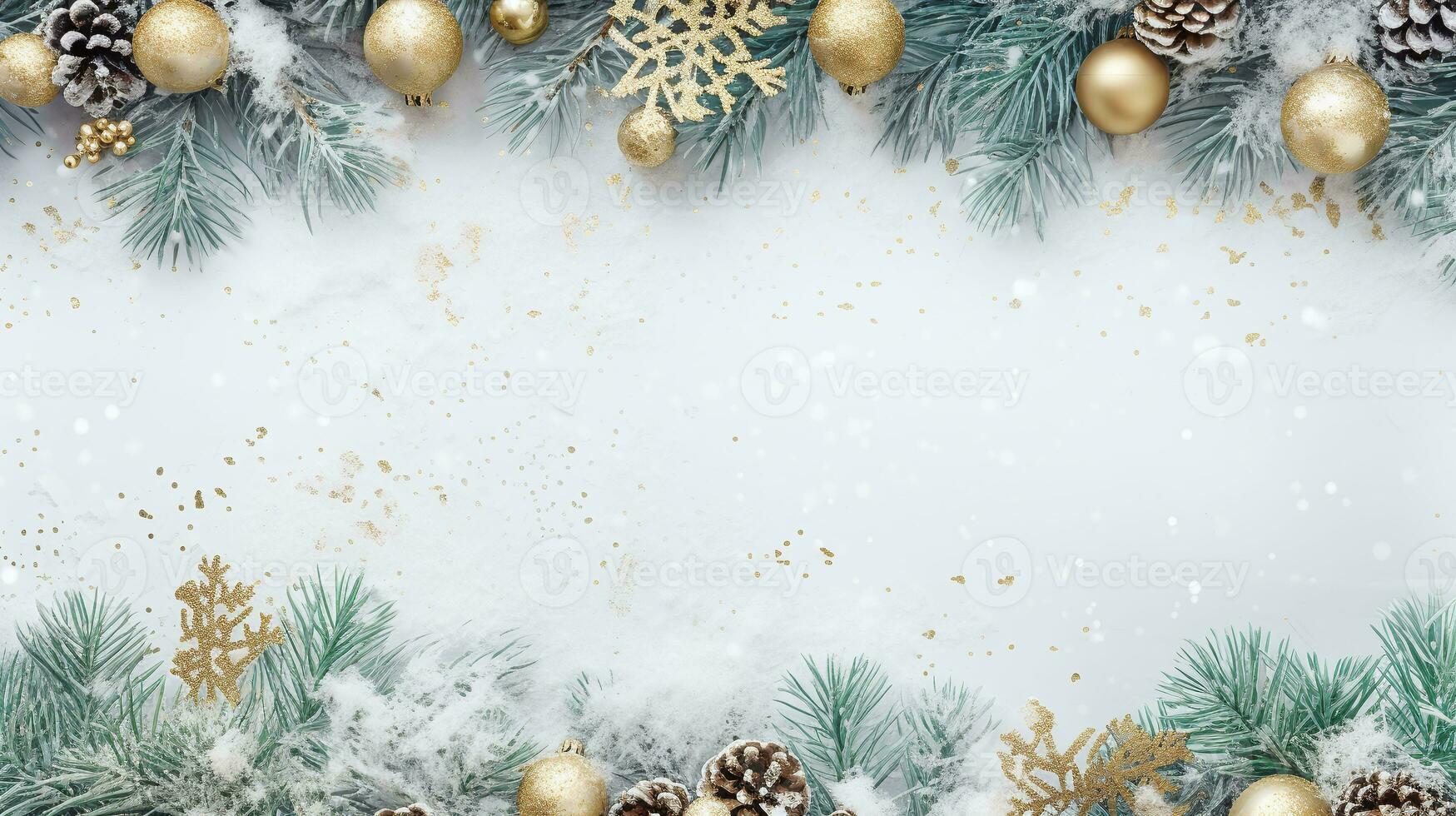 Festive Christmas frame made of fir branches, gift boxes, red decorations, sparkles, and confetti on white background. Perfect for holiday greeting cards, website design, and social media photo