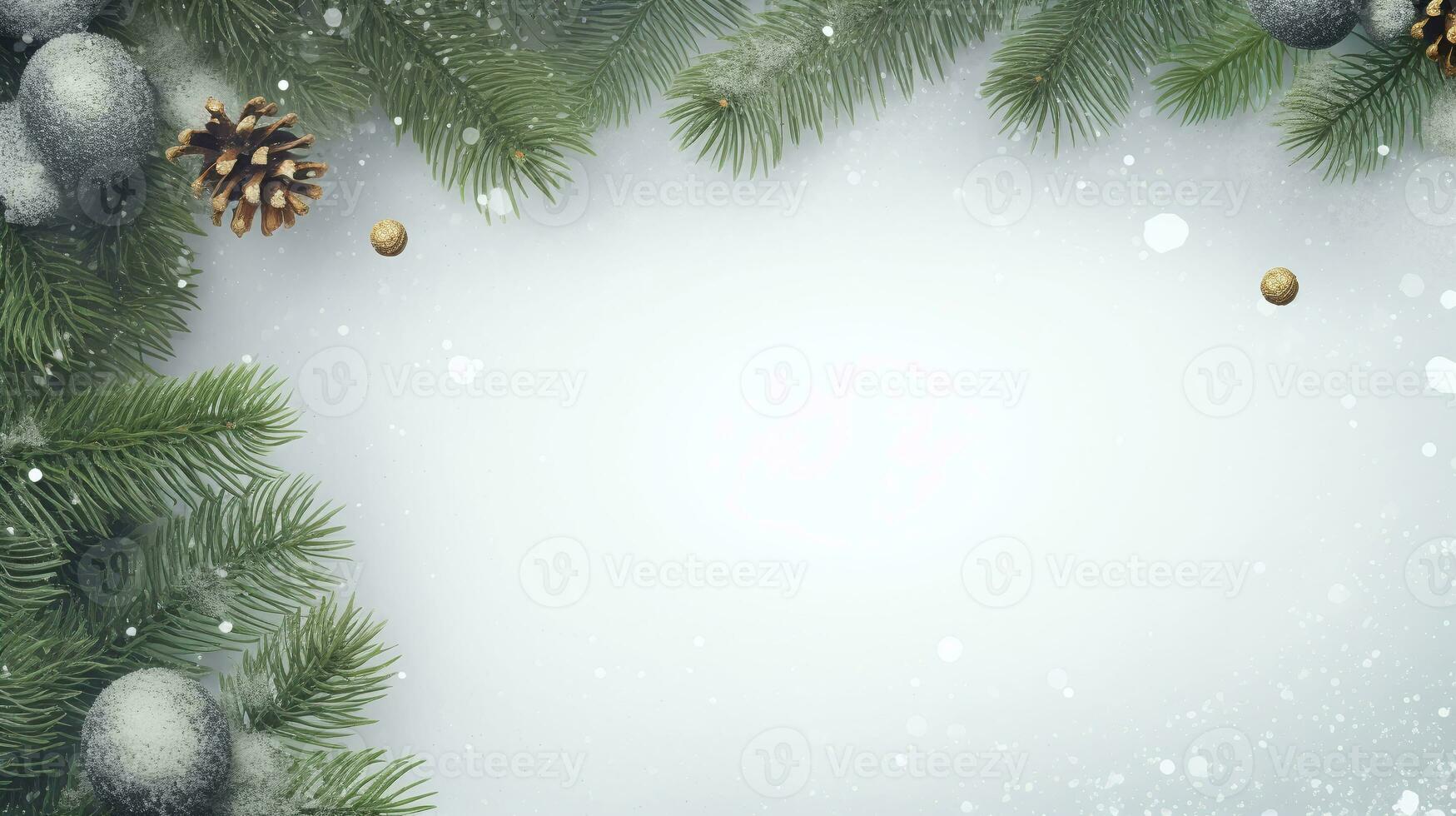 Festive Christmas frame made of fir branches, gift boxes, red decorations, sparkles, and confetti on white background. Perfect for holiday greeting cards, website design, and social media photo