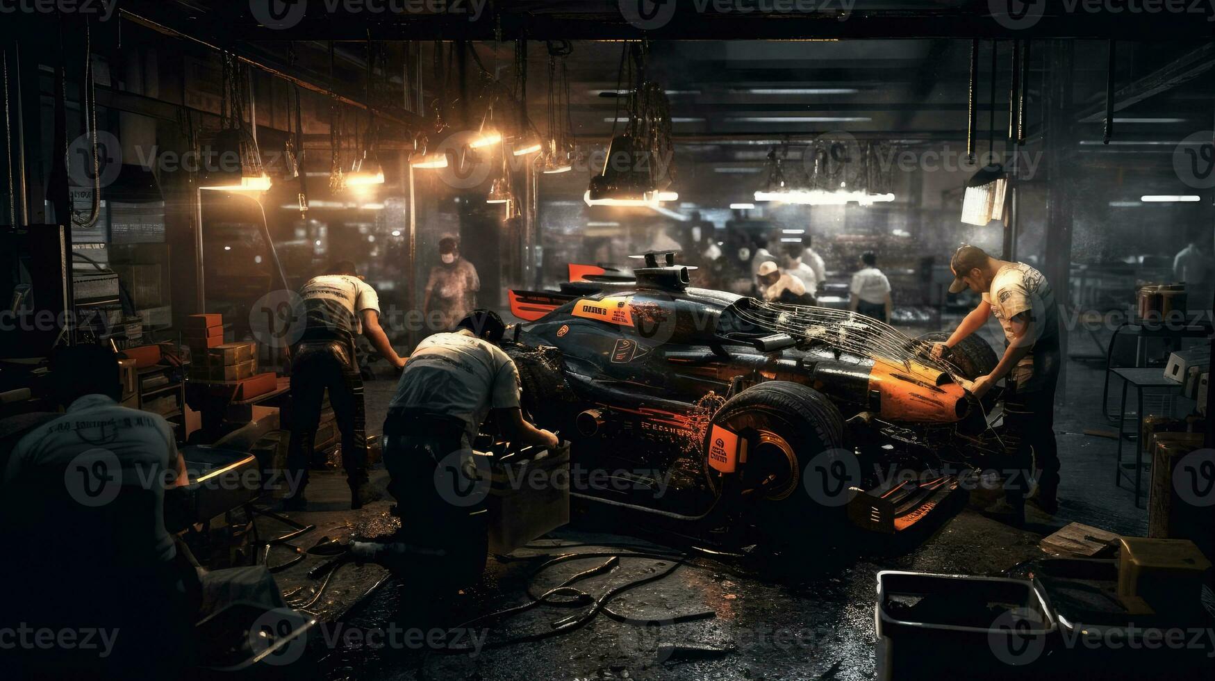 Mechanics adjust the race car in the pits before the race photo