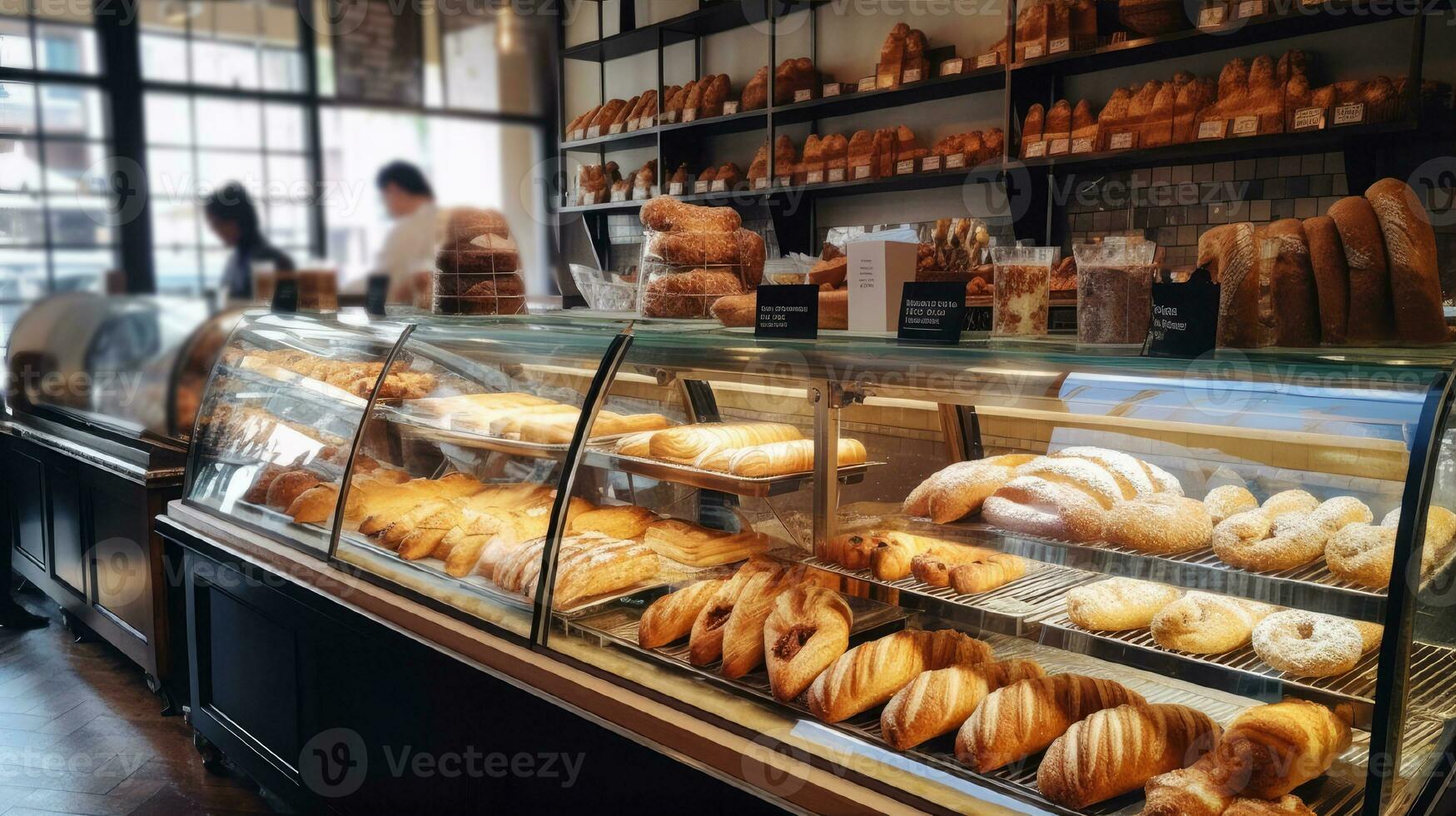 Confectionery bakery with showcases and fresh pastries in the rays of sunlight photo