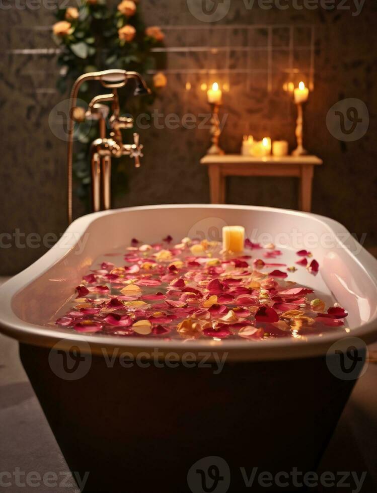 bañera lleno con Rosa pétalos, romance, amar, niña foto