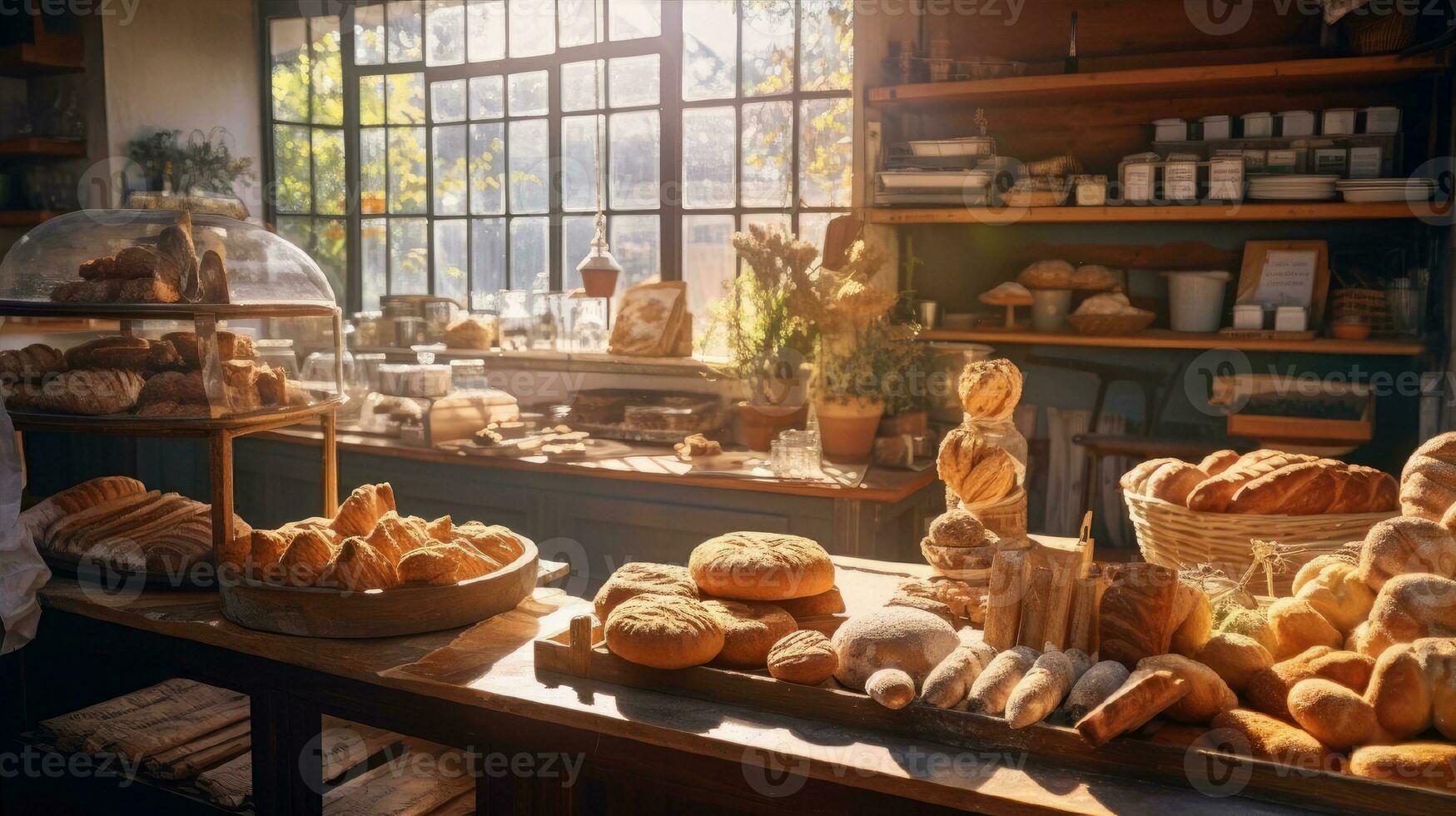 Confectionery bakery with showcases and fresh pastries in the rays of sunlight photo