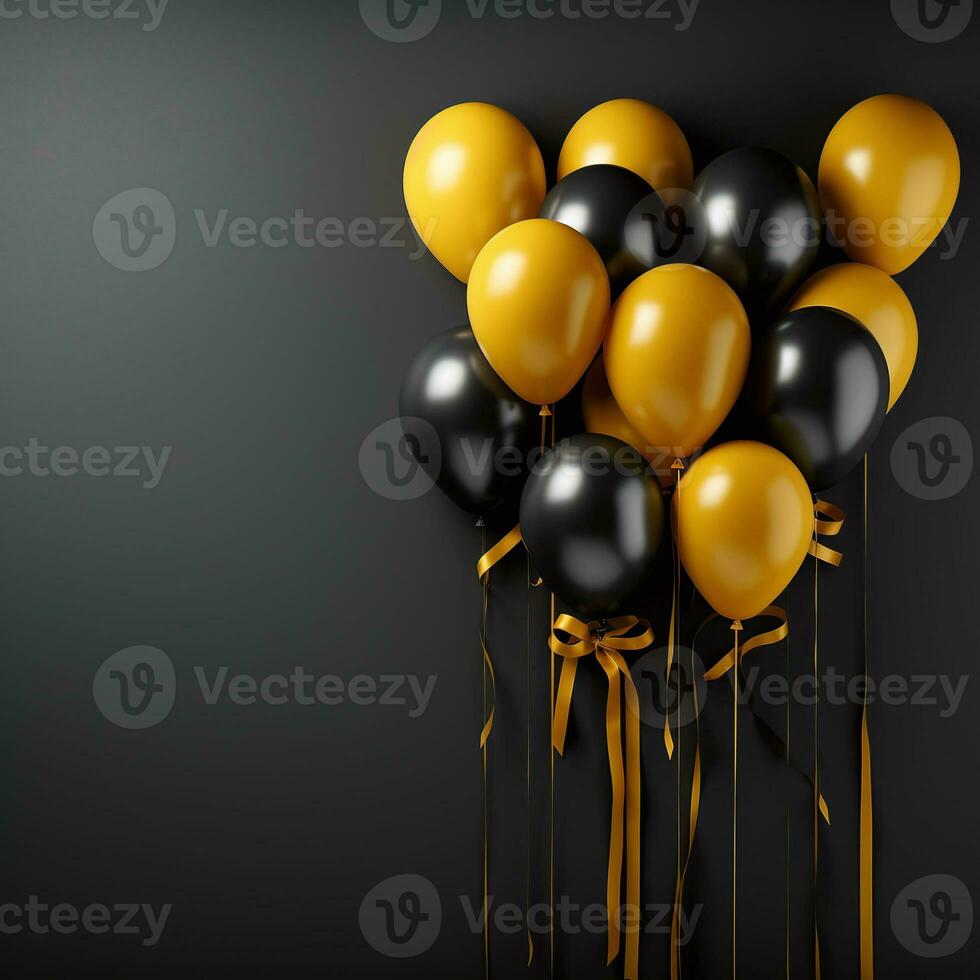 A large group of black and gold balloons float in the air photo