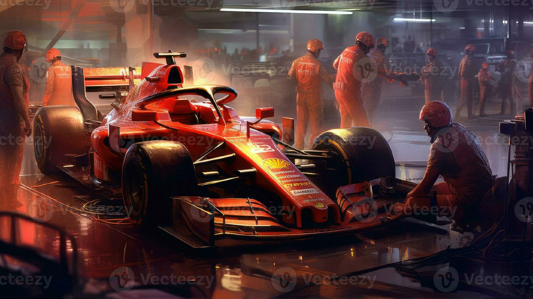 Pit stop changing wheels by mechanics during car race photo
