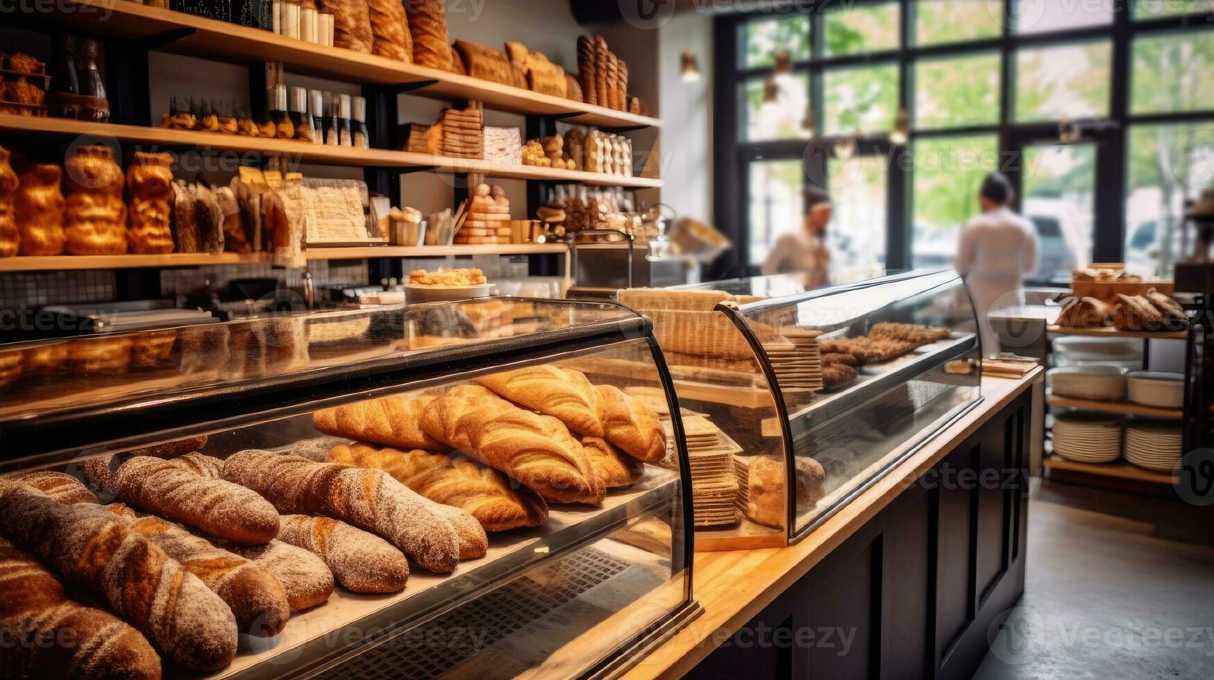 Confectionery bakery with showcases and fresh pastries in the rays of sunlight photo