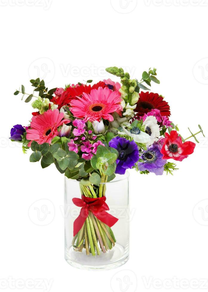 Beautiful huge bouquet of red and pink gerberas in vase on white background photo