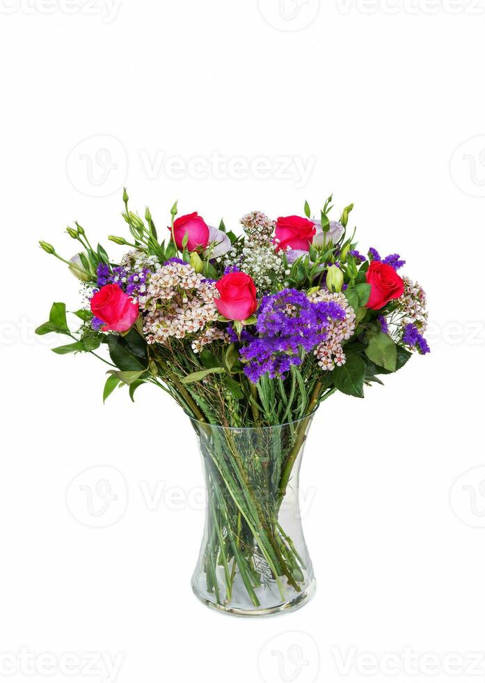 Beautiful huge bouquet of red roses and stasis or Limonium sinuatum or Wavy Leaf in vase on white background photo