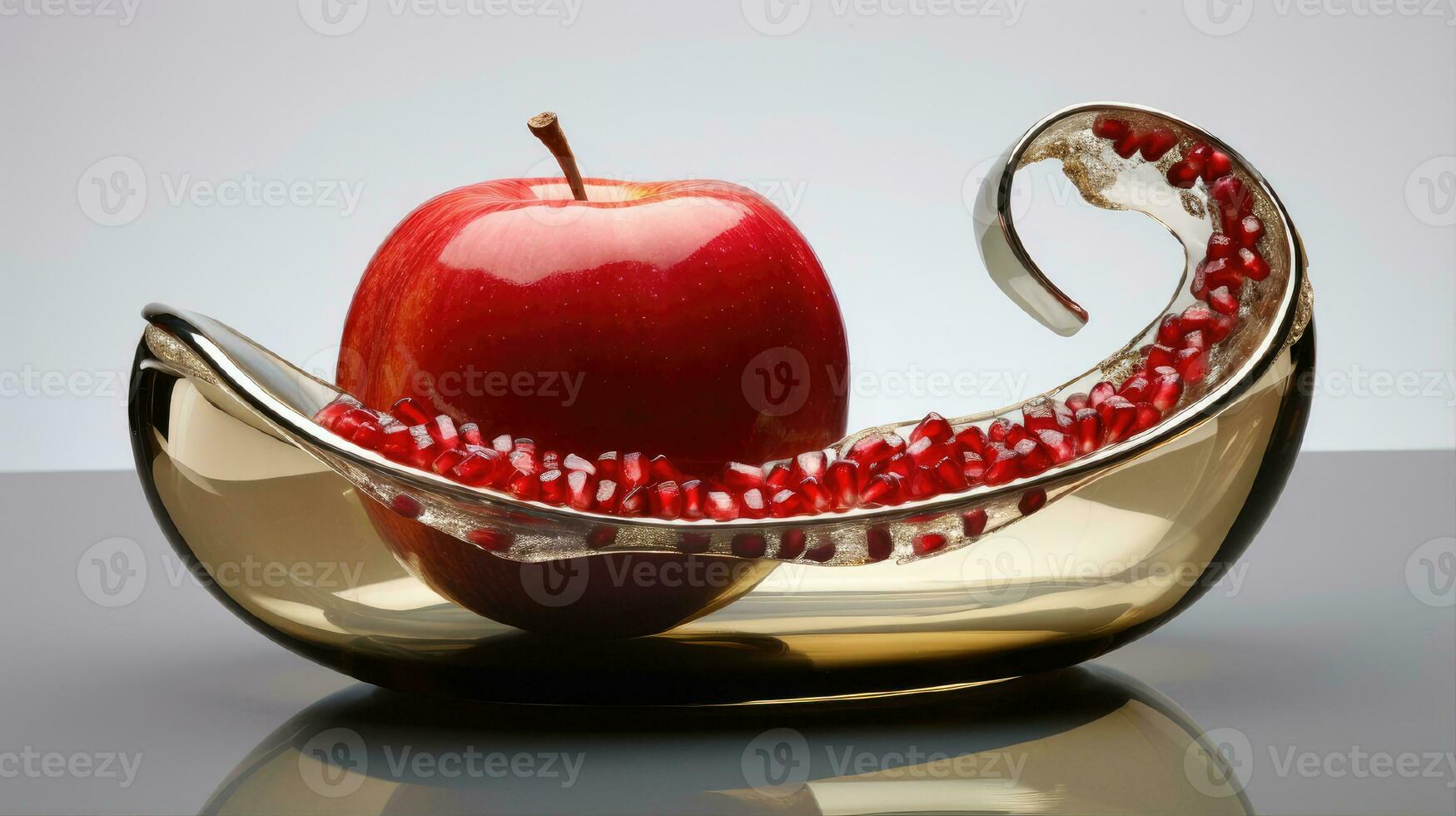 Rosh Hashanah is the concept of the Jewish holiday of the New Year. Bowl of apple with honey, pomegranate and candles are traditional symbols of the holiday. 3D rendering photo