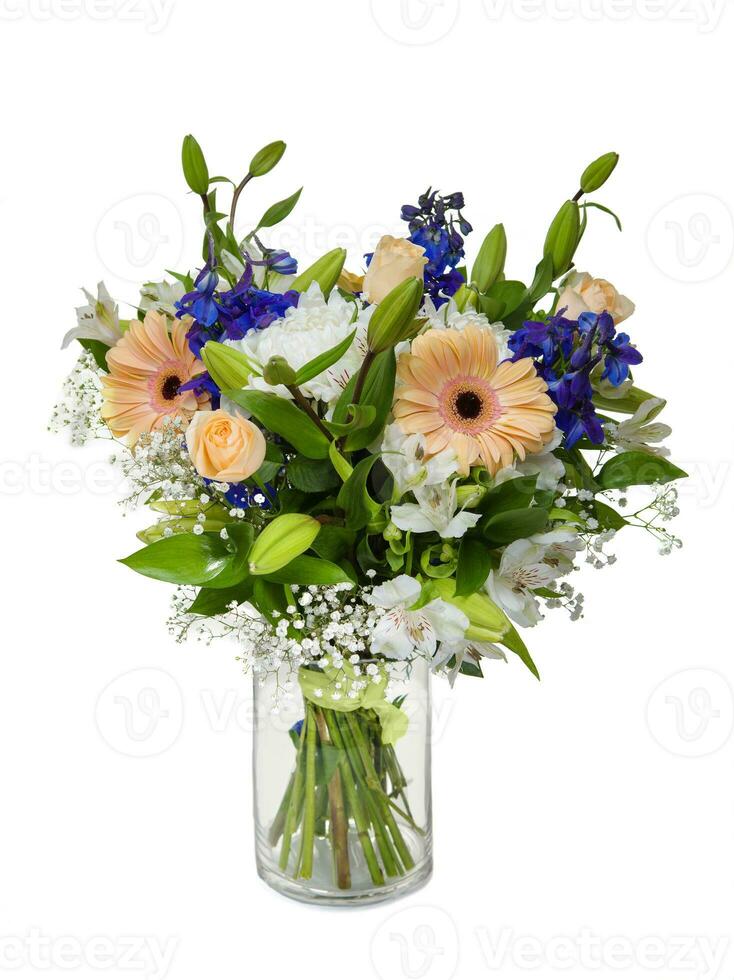 Beautiful huge bouquet of chrysanthemums, roses and lilies in vase on white background photo