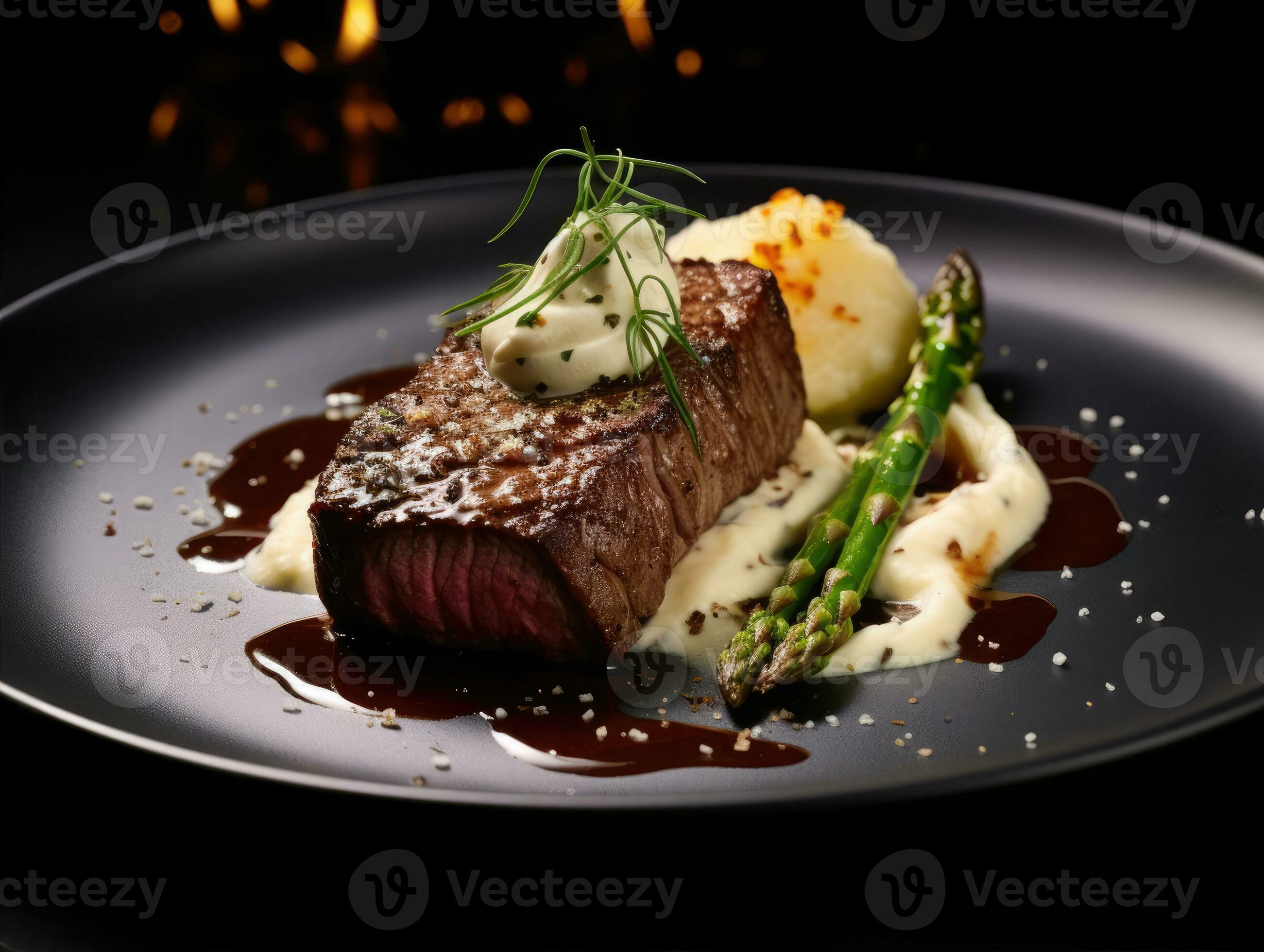 Steak with asparagus and mashed potatoes on plate in restaurant