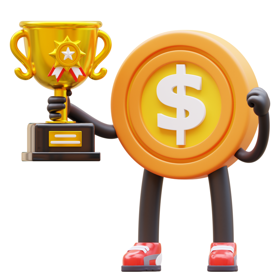 3D Money Coin Character Holding Trophy png