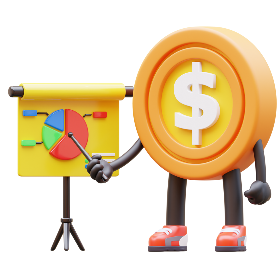 3D Money Coin Character doing Presentation png