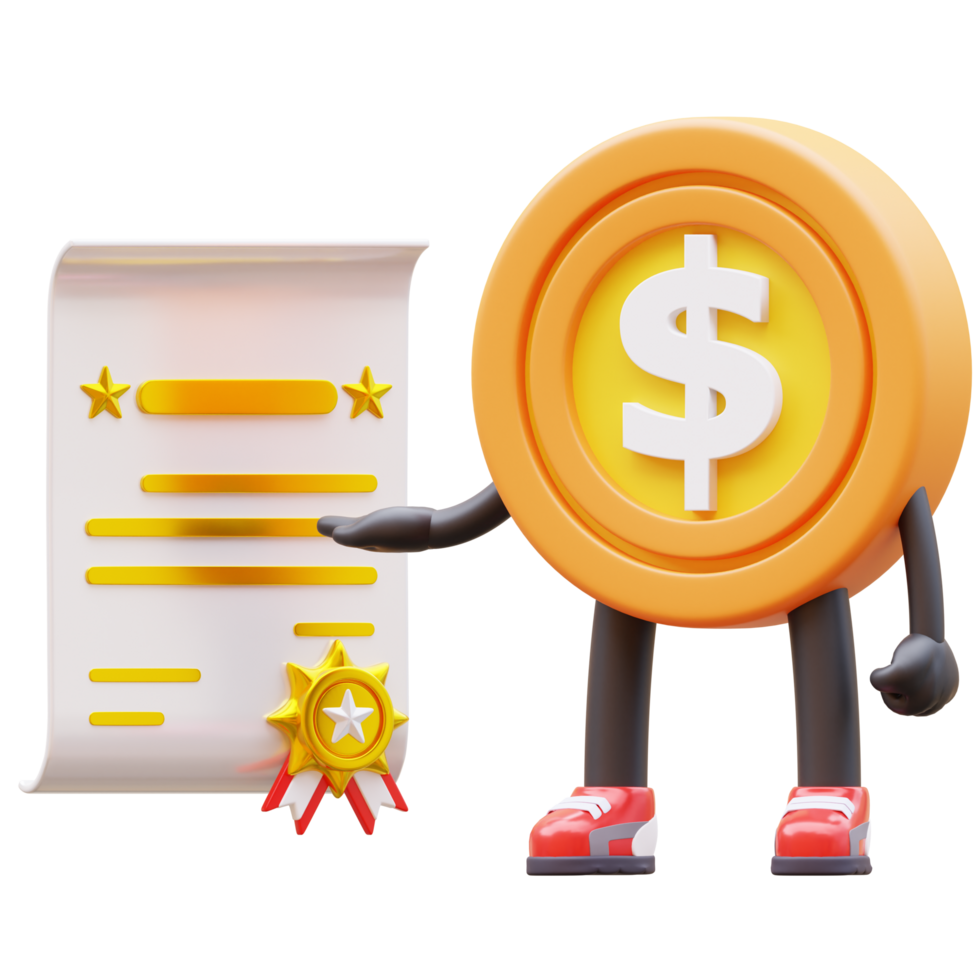 3D Money Coin Character get Certificate png