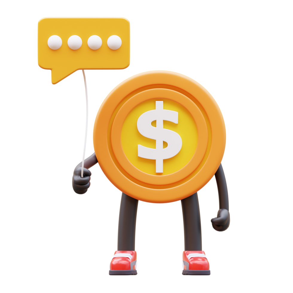 3D Money Coin Character Holding Communication Balloon png