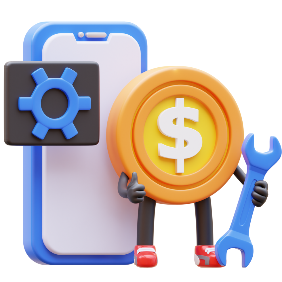 3D Money Coin Character Maintenance Mobile Application png