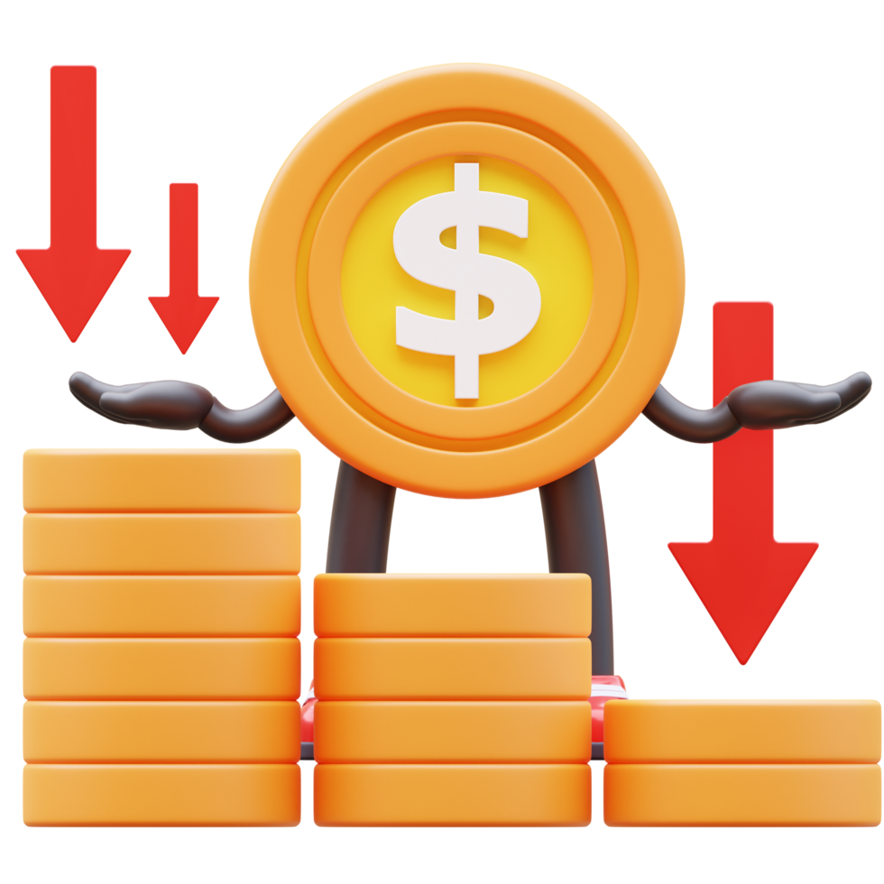 3d dinero moneda personaje demostración dinero grafico que cae abajo png