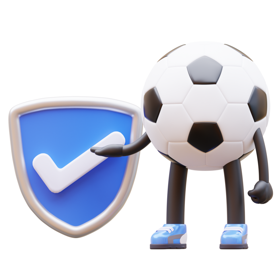 3D cartoon soccer ball character holding a shield and a tick png