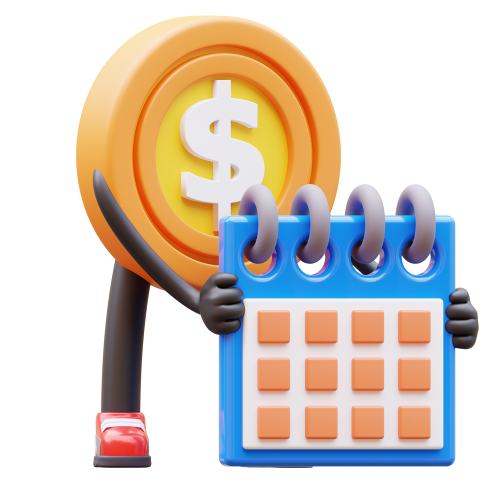 3D Money Coin Character Holding Calendar Planning Schedule png