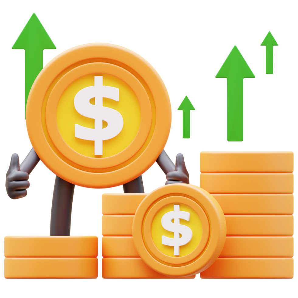 3D Money Coin Character Showing Money Graph Rising Up png