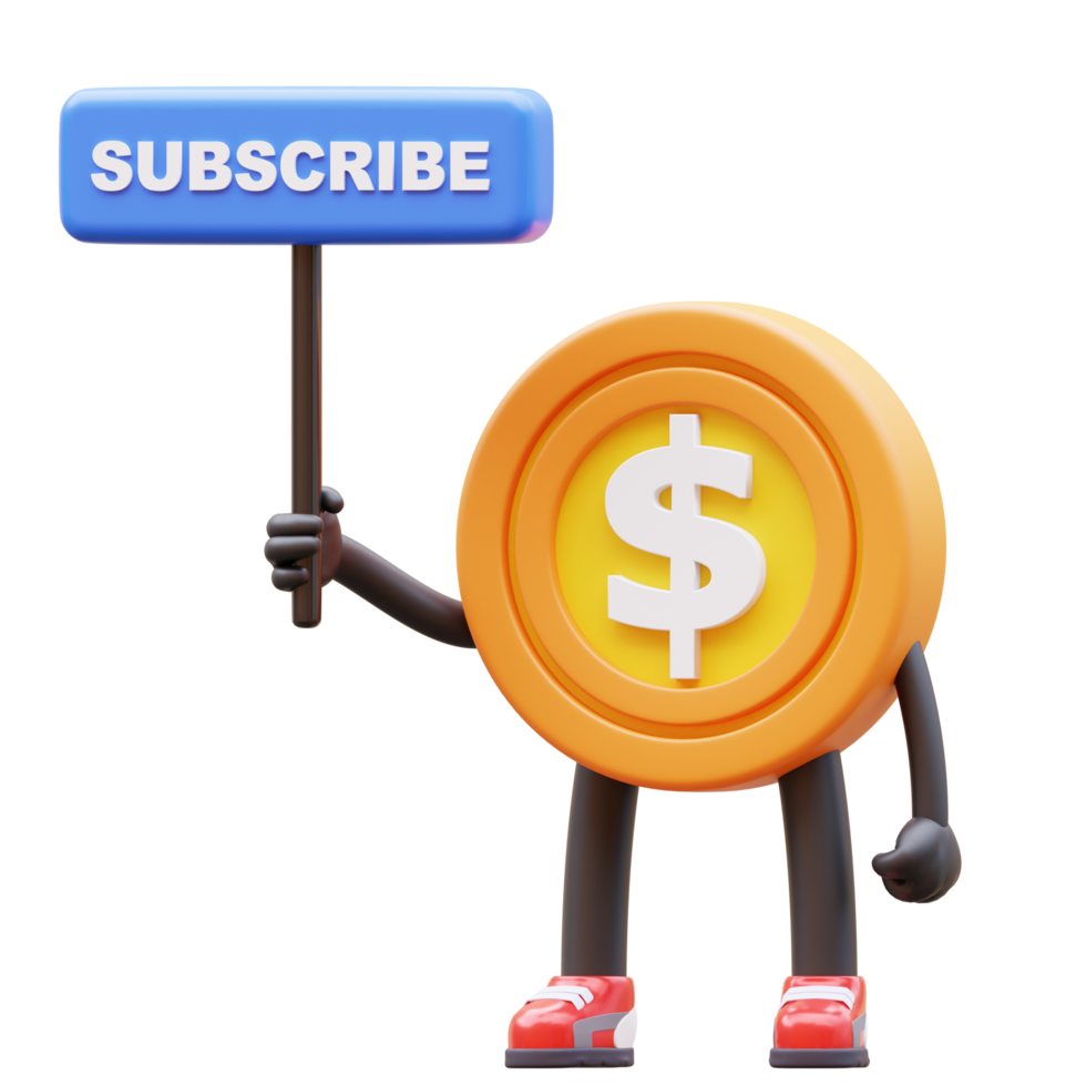 3D Money Coin Character Holding Subscribe Sign png