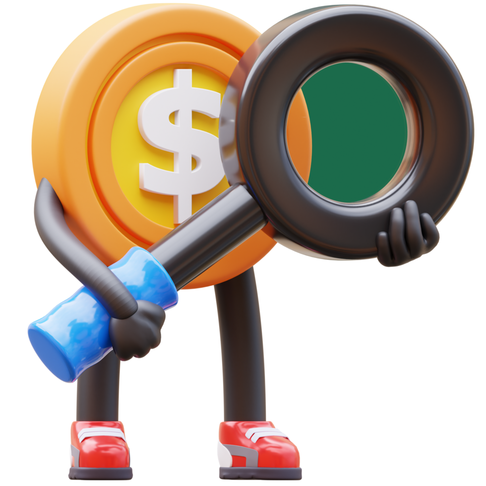 3D Money Coin Character With Magnifying Glass png